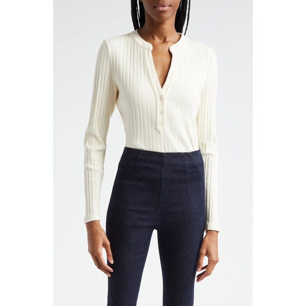 Veronica Beard Jocelyn Long Sleeve Henley Shirt Top Cream Women's XS Minimalist